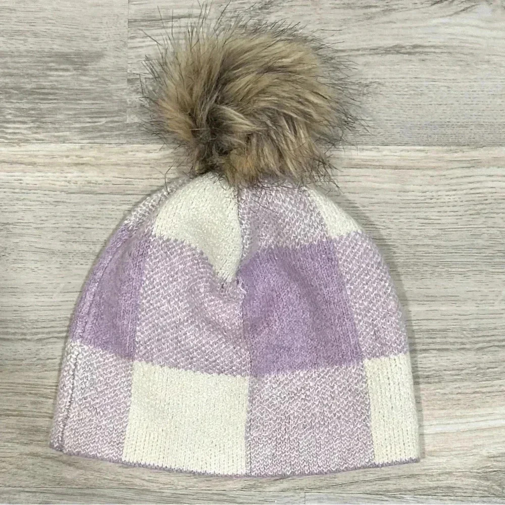 Christian Siriano Pom Purple Plaid Faux Fur Soft Knit Beanie Hat Adult One Size